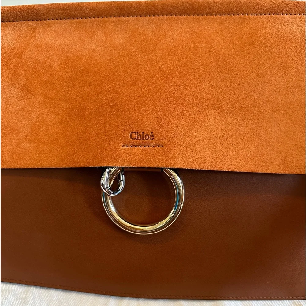 Chloé Faye Brown Leather & Suede Shoulder Bag Ring Chain Crossbody w/ Dust Bag